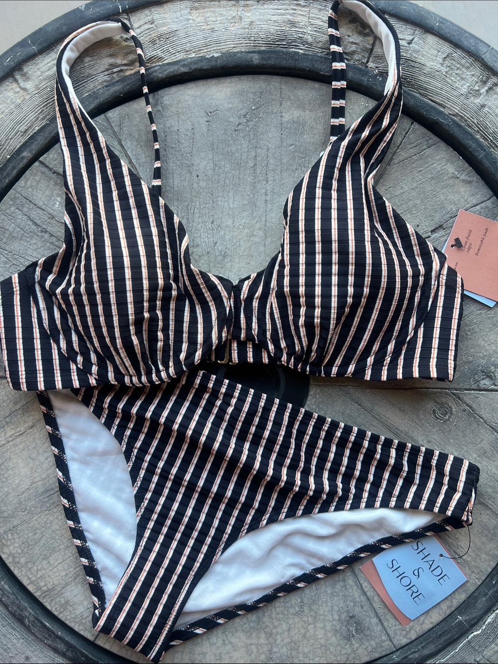 Striped Black and Cream bikini Swimsuit 38D\Large B18